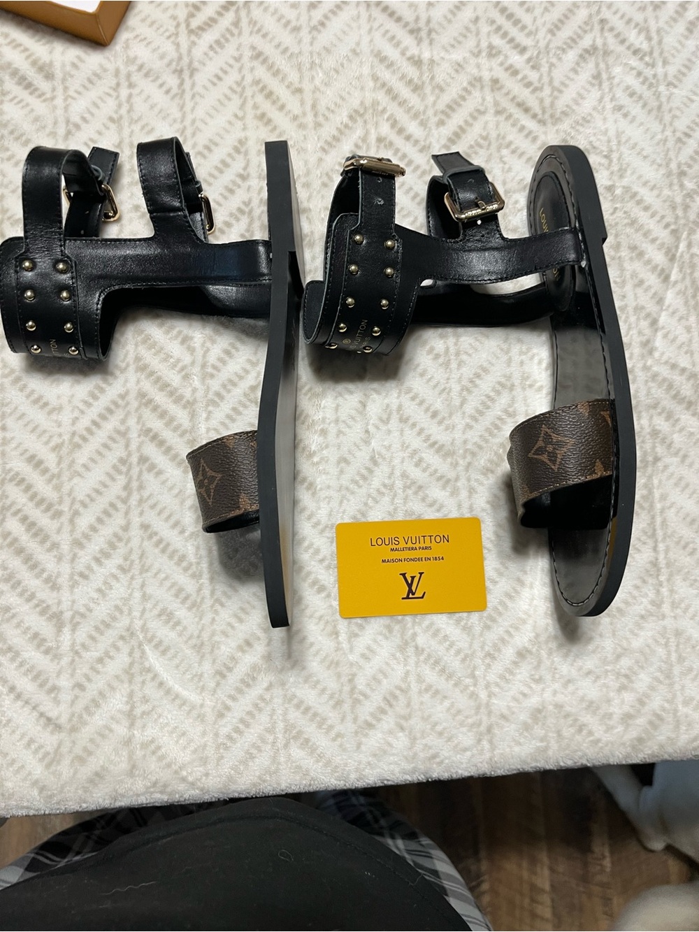 Louis Vuitton Black Leather Sandals with Monogram Brown Strap 10 - Picture 4 of 16